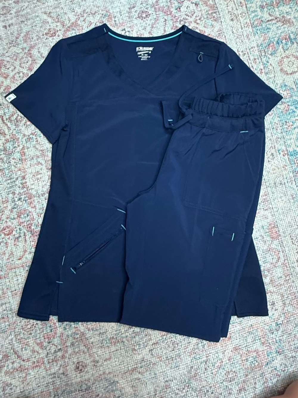 Scrubstar Navy Medical Top & wide leg pants with Teal Trim. XS